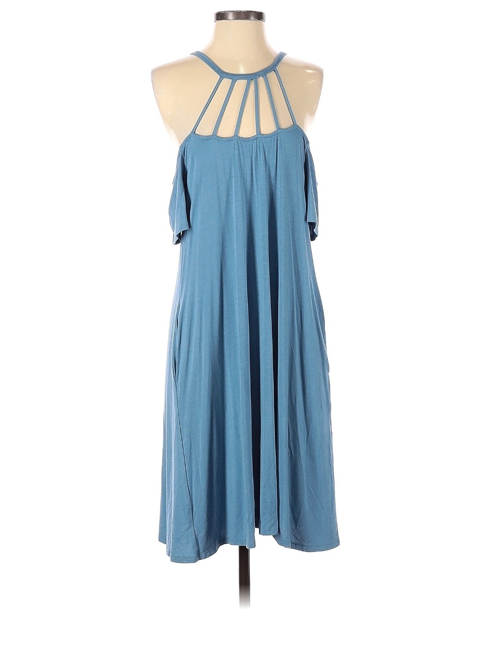 Strappy Cold-Shoulder Midi Dress in Dusty Blue